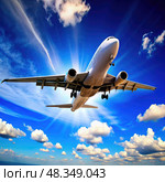 Airplane Flying Through Blue Sky. Generative AI. Стоковое AI-изображение, AI-художник Roman Zavorotny / Фотобанк Лори