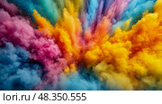 Bright clouds of powdered colors burst into the air, blending and swirling in a mesmerizing display of artistry during a celebration of creativity. Стоковое AI-изображение, AI-художник Данила Большаков / Фотобанк Лори