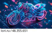 Cyberpunk Motorcycle Blueprint: futuristic motor vehicle illustration in neon glowing wireframe schematic style, tech background. Стоковое AI-изображение, AI-художник Данила Большаков / Фотобанк Лори