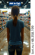 Consumer's Choice: A Shopper Stands Before Rows of Groceries, Contemplating What to Add to Cart, Promoting Retail Therapy and Daily Necessities. Стоковое AI-изображение, AI-художник Данила Большаков / Фотобанк Лори