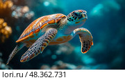 A colorful sea turtle glides effortlessly through bright, warm waters of a tropical reef, surrounded by coral formations and marine life. Стоковое AI-изображение, AI-художник Данила Большаков / Фотобанк Лори