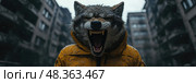 A person stands in a desolate city block, wearing a menacing wolf mask and a yellow jacket, exuding an intense, rebellious energy. Стоковое AI-изображение, AI-художник Данила Большаков / Фотобанк Лори