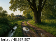 Деревенский пейзаж с домом и широкой зеленой лужайкой в летний день. Стоковое AI-изображение, AI-художник Сергей Никифоров-Гордеев / Фотобанк Лори