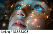 A child gazes upwards, mesmerized by shimmering cosmic reflections in their eyes under a starlit sky. Стоковое AI-изображение, AI-художник Данила Большаков / Фотобанк Лори