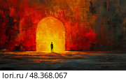 A solitary figure gazes at a bright entrance, illuminated by warm hues, set in a dramatic and abstract environment during twilight. Стоковое AI-изображение, AI-художник Данила Большаков / Фотобанк Лори