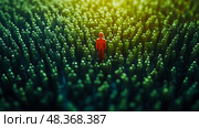 A red figure is prominently placed in the center of numerous green humanoid shapes, creating a stark contrast in a digital environment. Стоковое AI-изображение, AI-художник Данила Большаков / Фотобанк Лори