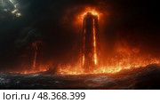 Fiery lava towers erupt from the ocean, illuminating the dark sky amidst a dramatic and turbulent atmosphere during nightfall. Стоковое AI-изображение, AI-художник Данила Большаков / Фотобанк Лори