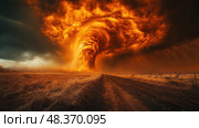 A powerful dust storm sweeps across a desolate landscape, with dark clouds illuminated by an orange glow during sunset, creating a dramatic effect. Стоковое AI-изображение, AI-художник Данила Большаков / Фотобанк Лори