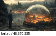 A suited man gazes at a fiery lava field contained within a glass dome as the sun sets, creating an otherworldly atmosphere filled with mystery. Стоковое AI-изображение, AI-художник Данила Большаков / Фотобанк Лори