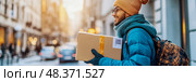Winter Courier: Smiling Man Delivering Package in City, Fulfillment Solution. Happy worker with order box. Fast delivery for e-commerce. Стоковое AI-изображение, AI-художник Данила Большаков / Фотобанк Лори