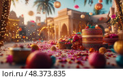 Eid al-Fitr Festive Celebration: A bountiful display of traditional sweets and ornate decorations in a warm, inviting Middle Eastern setting. Стоковое AI-изображение, AI-художник Данила Большаков / Фотобанк Лори