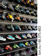 On black wooden wall of showcase - there are samples of models of hiking and climbing shoes (2023 год). Редакционное фото, фотограф Яков Филимонов / Фотобанк Лори