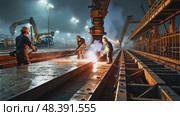 A modern shipyard, workers in hard hats welding massive steel plates, with cranes and scaffolding in the background. Стоковое AI-видео, аниматор Sergey Grishin / Фотобанк Лори
