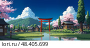 Peaceful rural scene featuring iconic red torii gate. Стоковое AI-изображение, AI-художник Андрей Ка / Фотобанк Лори