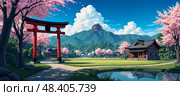 Torii entrance, wooden shrine , blooming sakura , hanami, reflective pond koi, historic castle , shiro, lush gardens, and scenic mountains, evoking authentic Japanese heritage. Стоковое AI-изображение, AI-художник Андрей Ка / Фотобанк Лори
