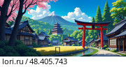 Serene Japanese village scene featuring historic wooden architecture, iconic red torii gate  , blooming sakura , hanami, tranquil stream, distant Pagoda 塔, and majestic Mount Fuji. Стоковое AI-изображение, AI-художник Андрей Ка / Фотобанк Лори