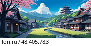 Peaceful Japanese village street lined with classic wooden homes, blooming sakura , hanami, serene waterway, prominent torii gate  , ancient castle , shiro, and snow capped mountains. Стоковое AI-изображение, AI-художник Андрей Ка / Фотобанк Лори
