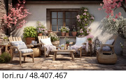 wooden spring patio ai generated. Стоковое AI-изображение, AI-художник Vectorwin / Фотобанк Лори