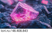 Luminous gemstones (amethyst, quartz, ametrine) glow on rocky terrain. Radiant & precious crystals sparkle with pink, purple and blue hues. Стоковое AI-видео, аниматор Данила Большаков / Фотобанк Лори