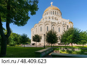 The Naval cathedral of Saint Nicholas in Kronstadt (Morskoy Nikolskiy Sobor) and the Anchor (Yakornaya) Square on a sunny summer morning, Kronstadt, St. Petersburg, Russia. Стоковое фото, фотограф Ula Ulachka / Фотобанк Лори