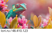 Vibrant, jewel-toned chameleon amidst a floral bloom. Close-up macro of exotic reptile in a lush, colorful garden. Стоковое AI-видео, аниматор Данила Большаков / Фотобанк Лори