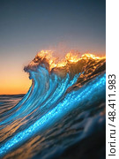 Bioluminescent wave glowing during beautiful sunset over ocean. Стоковое AI-изображение, AI-художник Юрий Поздников / Фотобанк Лори