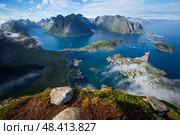 Amazing landscape of the Lofoten Islands from the top of Reinebringen Mountain (2016 год). Стоковое фото, фотограф Андрей Армягов / Фотобанк Лори
