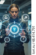 A person in a futuristic suit interacting with holographic tech elements, including digital icons and interfaces, front view, bright hi-tech background. Стоковое AI-видео, аниматор Sergey Grishin / Фотобанк Лори