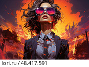 Confident woman in stylish suit and sunglasses stands fearlessly in front of blazing fire city, showcasing her audacious spirits. Стоковое AI-изображение, AI-художник Данила Большаков / Фотобанк Лори