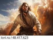 Resolute man flees from a tumultuous sea of flames, with the setting sun intensifying the urgency in his gaze. Стоковое AI-изображение, AI-художник Данила Большаков / Фотобанк Лори