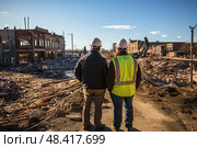 Two construction professionals are standing amidst the debris of a disaster-struck area, evaluating the progress of recovery operations as the day nears its end. Стоковое AI-изображение, AI-художник Данила Большаков / Фотобанк Лори