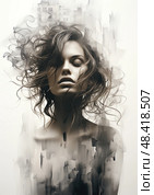 This artistic image blends the visage of woman with a monochrome cityscape, creating a dreamlike illusion where her hair and buildings seem to merge seamlessly. Стоковое AI-изображение, AI-художник Данила Большаков / Фотобанк Лори