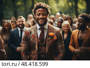 Poised and elegant man wearing a suit commands attention as he stands before a diverse group of individuals. Стоковое AI-изображение, AI-художник Данила Большаков / Фотобанк Лори