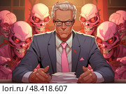 Ethereal Encounter: A Suited Gentleman Contemplates Mortality Amidst a Circle of Pink Skulls. Стоковое AI-изображение, AI-художник Данила Большаков / Фотобанк Лори