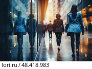 Captured at dusk, a businesswoman in a smart blue blazer blends into the urban ebb and flow as she strides down a bustling city sidewalk, her reflection mirroring her purposeful pace. Стоковое AI-изображение, AI-художник Данила Большаков / Фотобанк Лори