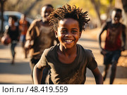 Lively herd of young children, brimming with excitement, embark on carefree sprint down urban street. Стоковое AI-изображение, AI-художник Данила Большаков / Фотобанк Лори