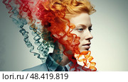 An artistic portrait of a woman with orange hair, digitally altered to seamlessly blend into swirling tendrils of colored smoke. Стоковое AI-изображение, AI-художник Данила Большаков / Фотобанк Лори