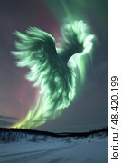The sky transforms with vibrant colors as auroras dance, creating a striking figure above a snowy terrain in winter's calmness. Стоковое AI-изображение, AI-художник Данила Большаков / Фотобанк Лори
