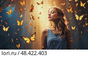 A woman in a magical misty light surrounded by butterflies in a ray of light - enjoyment of nature, beauty, feminine energy, femininity, magical radiance, unity with nature. AI generated. Стоковое AI-видео, аниматор Ольга Симонова / Фотобанк Лори