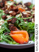 Fresh salad featuring peppery arugula, smoky salmon slices, crispy rye croutons, and crunchy sunflower seeds, delivering vibrant gourmet nutrition. Стоковое фото, фотограф Данил Руденко / Фотобанк Лори