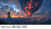 A girl stands on a hill, entranced by an enormous firestorm raging over the city as vibrant colors light up the evening sky. Стоковое AI-изображение, AI-художник Данила Большаков / Фотобанк Лори