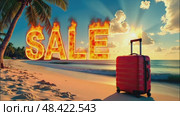 Fiery burning sign word SALE And red suitcase on seashore with tropical palm trees in light of sun, ocean sunset background. Hot summer sale and discounts, burning tour banner, flyer. AI generated. Стоковое AI-видео, аниматор Ольга Симонова / Фотобанк Лори