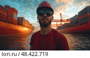 A dockworker poses by the water with container ships in the background, illuminated by the warm glow of the setting sun. Стоковое AI-изображение, AI-художник Данила Большаков / Фотобанк Лори