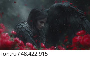 A dark angel on a flower field in the snow. Стоковое AI-видео, аниматор Виктория Новохацкая / Фотобанк Лори