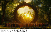 A group of individuals stands together beneath a gigantic tree ring, illuminated by the warm glow of the setting sun in a serene forest. Стоковое AI-изображение, AI-художник Данила Большаков / Фотобанк Лори