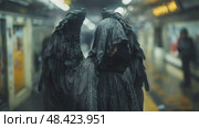 The hidden dark angel with wings in the underpass. Стоковое AI-видео, аниматор Виктория Новохацкая / Фотобанк Лори