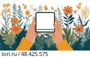 Two hands grasp a blank smartphone surrounded by lush flowers and greenery, creating a lively and inviting atmosphere. Стоковое AI-изображение, AI-художник Данила Большаков / Фотобанк Лори