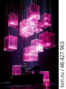 A musician captivates the audience with mesmerizing tunes, surrounded by glowing, suspended cubes that enhance the magical atmosphere of the night. Стоковое AI-изображение, AI-художник Данила Большаков / Фотобанк Лори