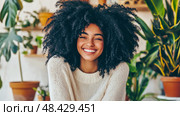 Joyful Portrait: A Woman's Genuine Happiness Surrounded by Indoor Plants. Стоковое AI-изображение, AI-художник Данила Большаков / Фотобанк Лори