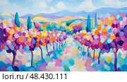 Summer: A Vibrant Vineyard in Tuscany, Impressionistic Oil artwork for wall art, Print or Summer Card. Стоковое AI-изображение, AI-художник Данила Большаков / Фотобанк Лори